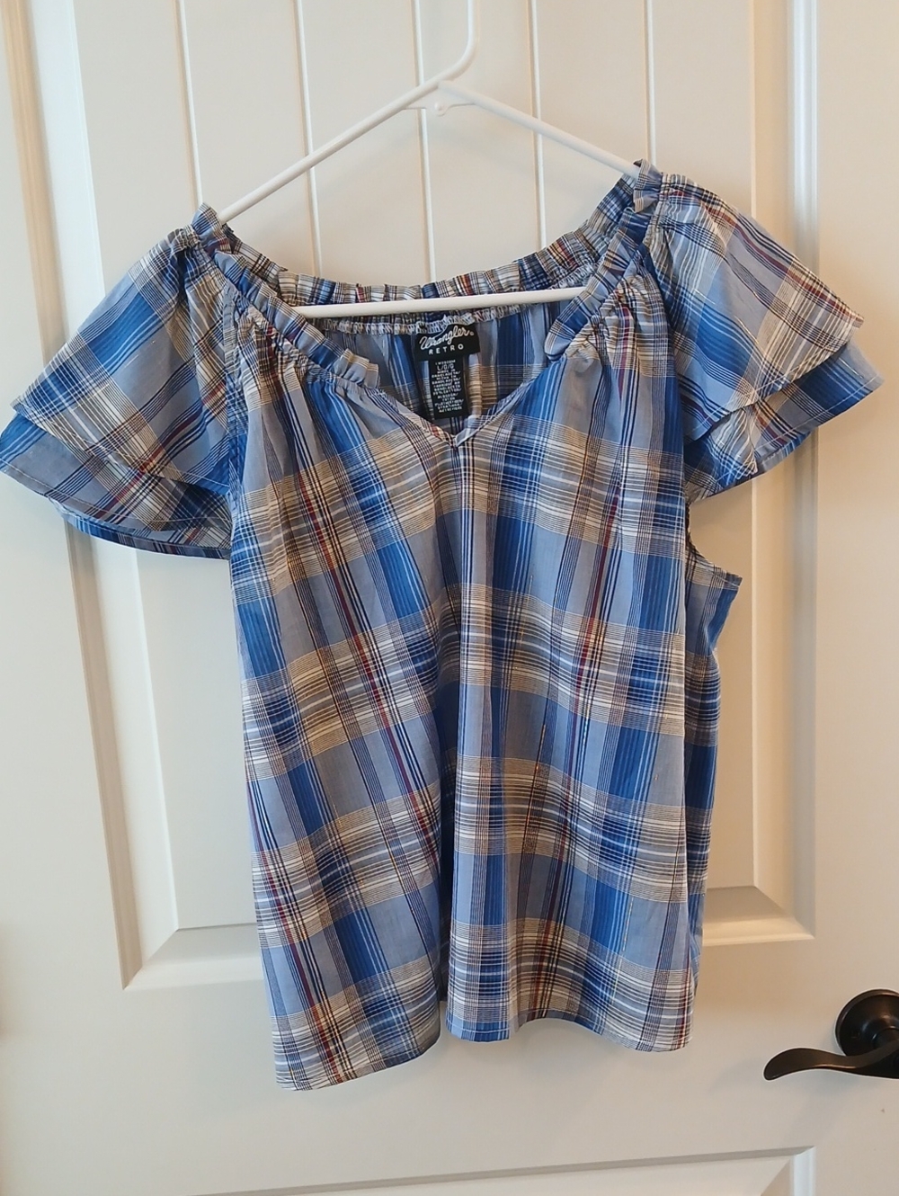 Wrangler Retro Blue Plaid Off-Shoulder Top